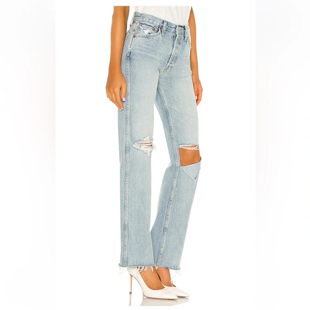 Re/Done 24 Originals 90s High Rise Loose Blue Jeans Breezy Indigo Rips Rigid - Picture 6 of 8